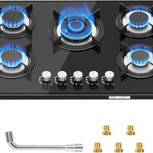 30 Inch Gas Cooktop with 5 Burners,Built-in Tempered Glass Stove Top, LPG/NG Convertible,35,900 BTU, Flame-Out Protection, Electric Ignition,Propane & Natural Gas Hob for Kitchen & RV