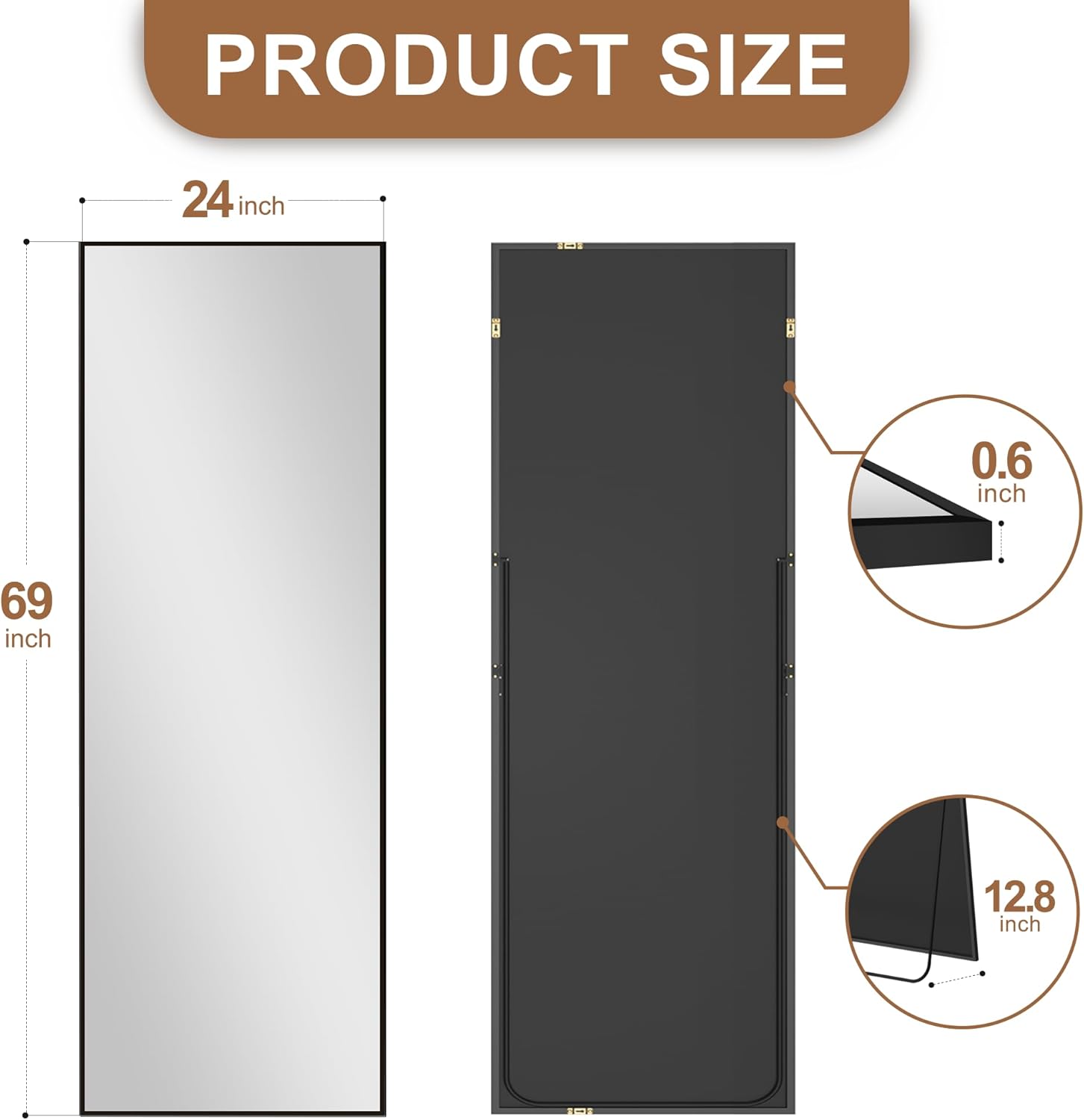 Delma Full Length Standing Mirror,Large Floor Mirror with Aluminum Frame for Bedroom, Bathroom, Living Room,Wall Mount or Freestanding Design(with Stand,Rect 69x24-Black) - Image 6