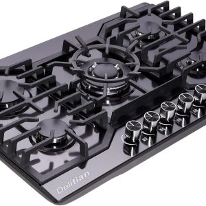 30 Inch Gas Cooktop DT5711BN Stainless Steel 5 Burner Gas Stove Top LPG/NG Convertible Gas Stovetop Thermocouple Protection Gas Cooktop