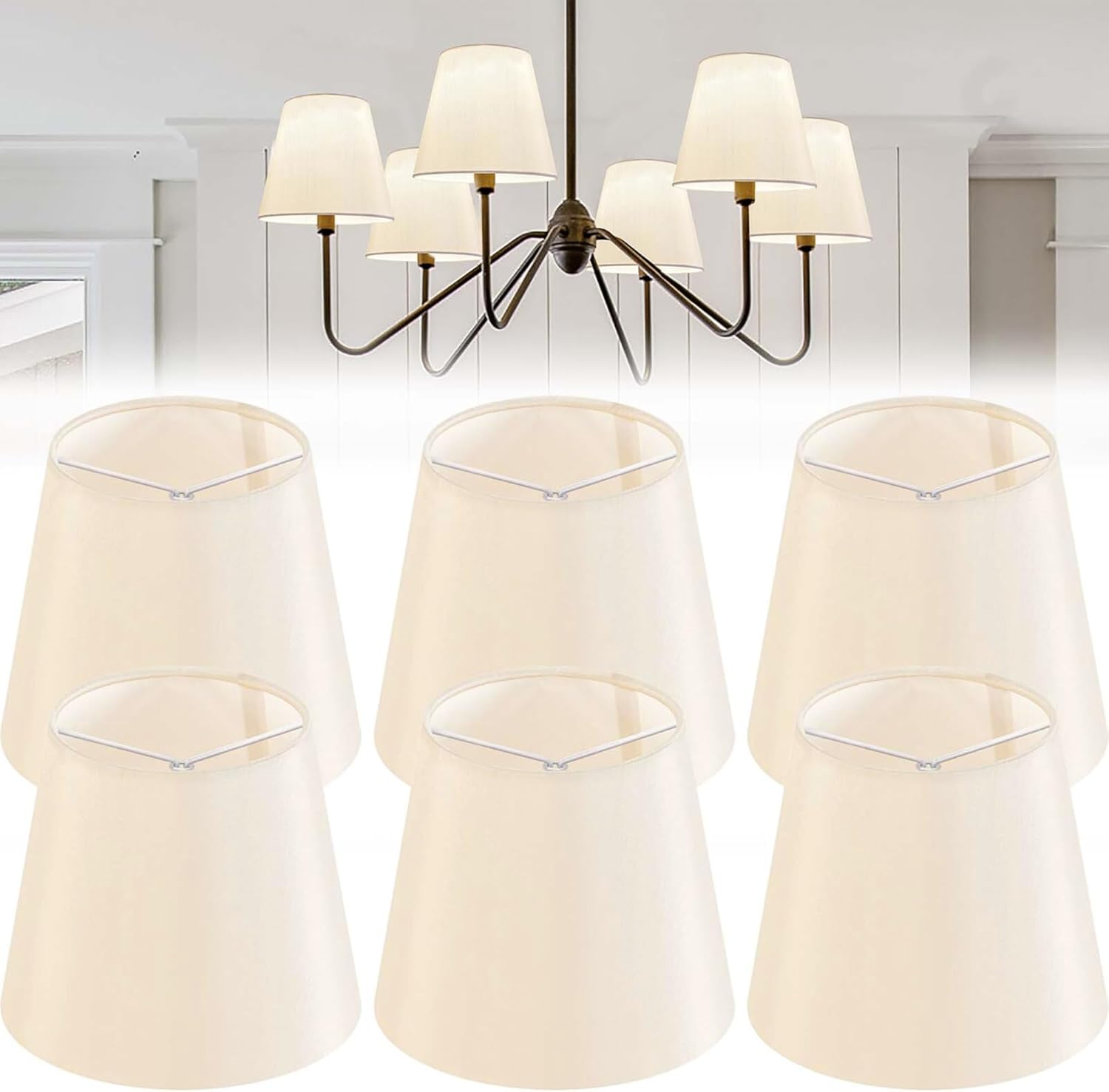 Set of 6 Yellowish Beige Chandelier Lamp Shades, 4″ Top x 6″ Bottom x 5″ Height (Clip on Bulb) Small Lamp Shade, Faux Silk Fabric Lampshade for Wall Lamp, Desk Lamp, Replacement Lampshade by GO&SO