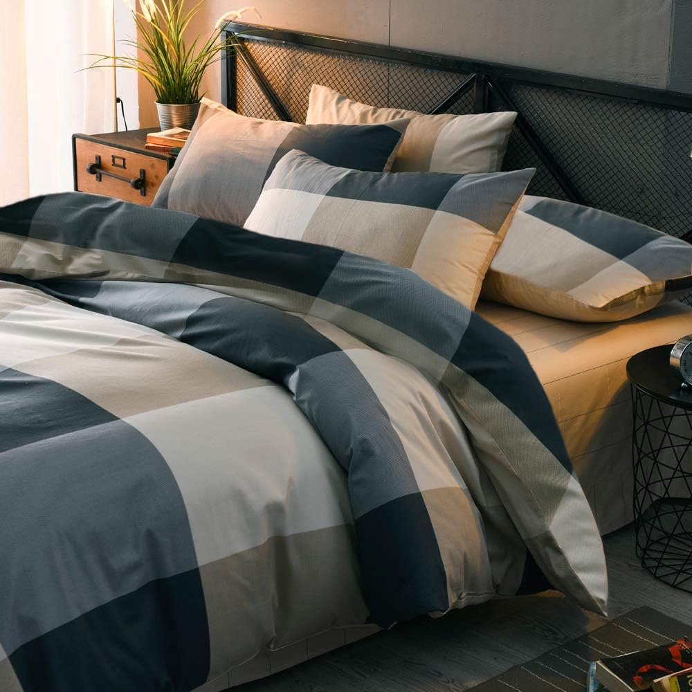 MKXI Plaid Comforter Set Queen Size, Geometric Checkered 3 Pieces Bedding Set Men Boys, Modern Style Comforter with 2 Pillow Shams All Season Soft Fluffy Bedding Set-(Tan,Dark Blue Grey,Khaki) - Image 4