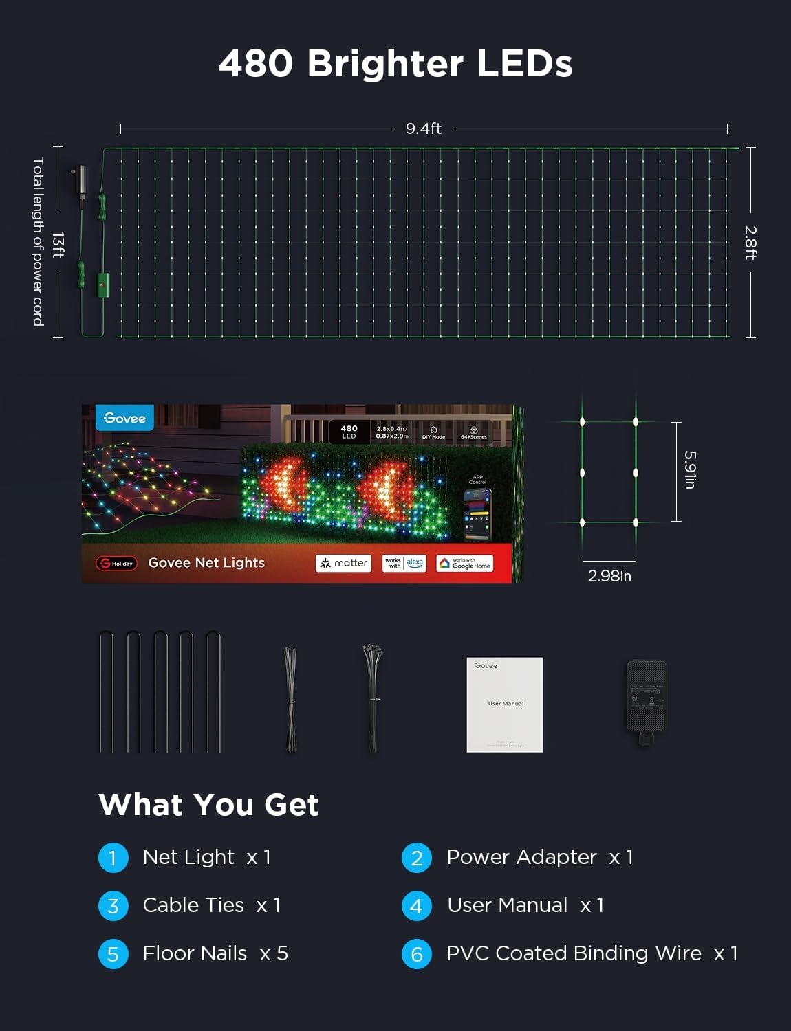 Govee Outdoor Net Lights, 2.8*9.4ft with RGBIC and DIY Functions, 480 LEDs Smart Net Lights with 64 Modes for Bush Patio Decor, Compatible with Alexa & Google Assistant, Outdoor Waterproof, Green Wire - Image 9