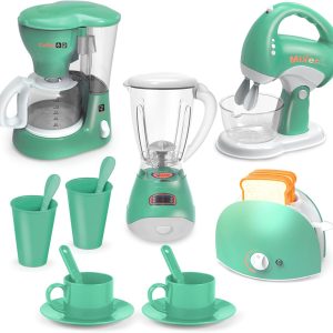 Play Kitchen Toys, Pretend Play Kitchen Appliances Toy Set with Coffee Maker, Mixer, Toaster with Realistic Lights& Sounds, Birthday Gift for Kids Ages 3-5 4-6 6-8 (Green)