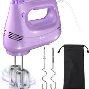 Electric Hand Mixer with Stainless Steel Whisk, Dough Hook Attachment and Storage Bag, Handheld Mixer for Baking Cakes, Eggs, Cream Food Mixers. Turbo Boost /5 Speed Kitchen Blender PURPLE