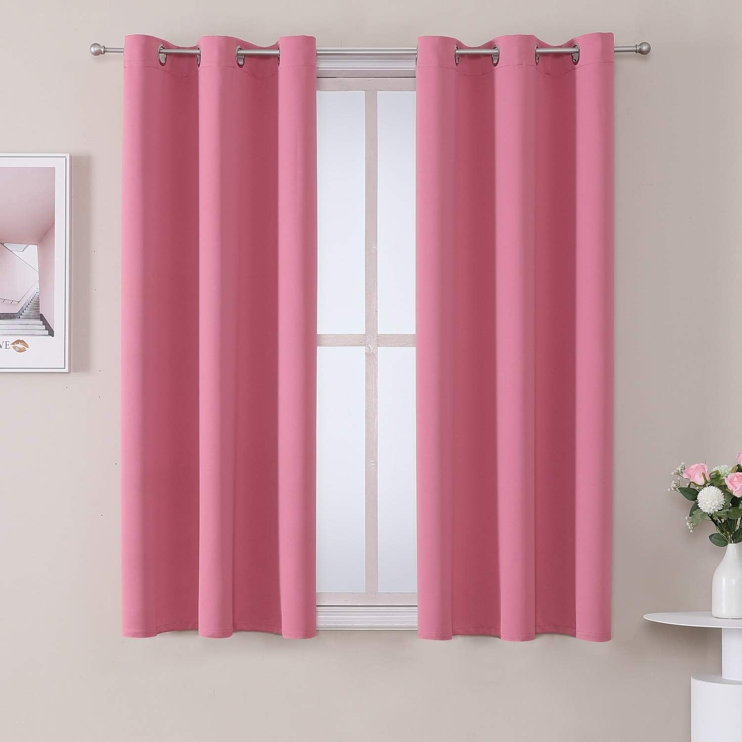 ChrisDowa Grommet Room Darkening Curtains for Bedroom and Living Room – 2 Panels Set Thermal Insulated Blackout Curtains (Pink, 42W x 63L)