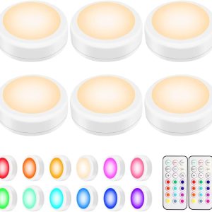 BLS LED Puck Lights with Remote Control, Wireless Under Cabinet & Closet Lighting, RGB 13 Color Changing Lights with Dimmer, Timer & AA Battery Operated, Push, Touch, Stick on for Night, Wall, 6 Pack