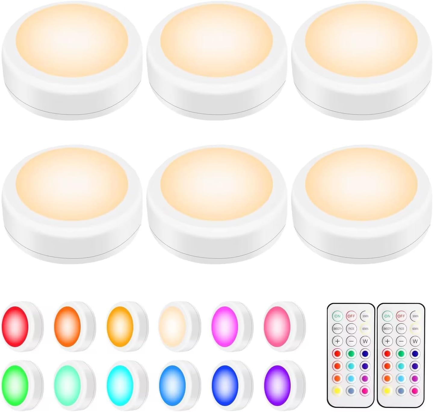 BLS LED Puck Lights with Remote Control, Wireless Under Cabinet & Closet Lighting, RGB 13 Color Changing Lights with Dimmer, Timer & AA Battery Operated, Push, Touch, Stick on for Night, Wall, 6 Pack