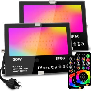 MELPO 30W Led Flood Light Outdoor 300W Equivalent, Color Changing RGB Lights with Remote, 120 RGB Colors, Warm White 2700K, Timing, Custom Mode, Uplight Landscape Lights,IP66 US 3-Plug (2 Pack)