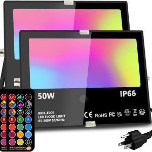 MELPO Led Flood Light Outdoor, 50W RGB Color Changing Landscape Lighting with Remote, Timing - 12 Colors - 4 Modes, IP66 Waterproof, US 3-Plug, (Pack of 2)
