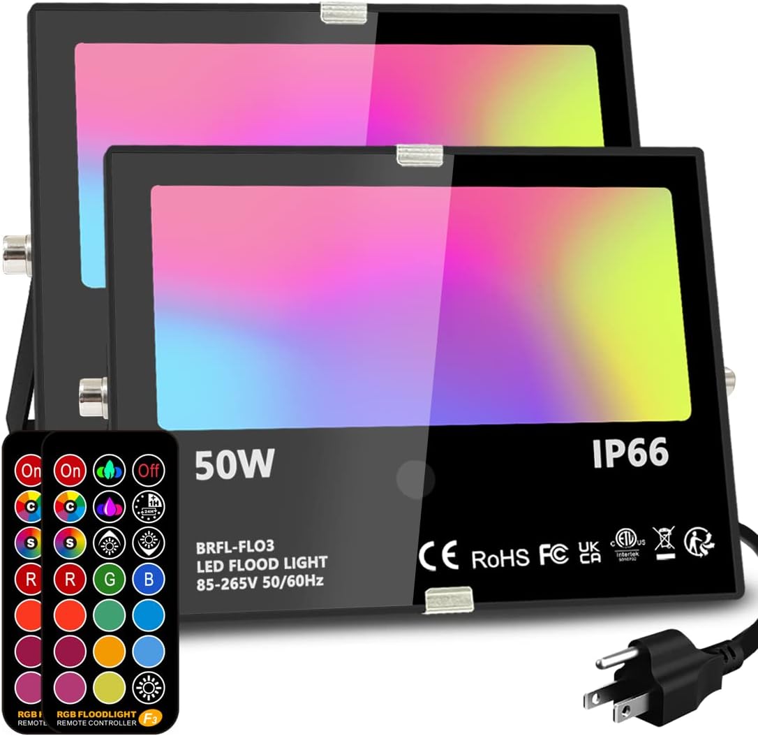 MELPO Led Flood Light Outdoor, 50W RGB Color Changing Landscape Lighting with Remote, Timing – 12 Colors – 4 Modes, IP66 Waterproof, US 3-Plug, (Pack of 2)