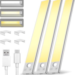 Under Cabinet Lighting 8 inch Rechargeable Battery Operated Motion Sensor Light Wireless Under Counter Lights for Kitchen, Stairs,Hallway (3 Pack)