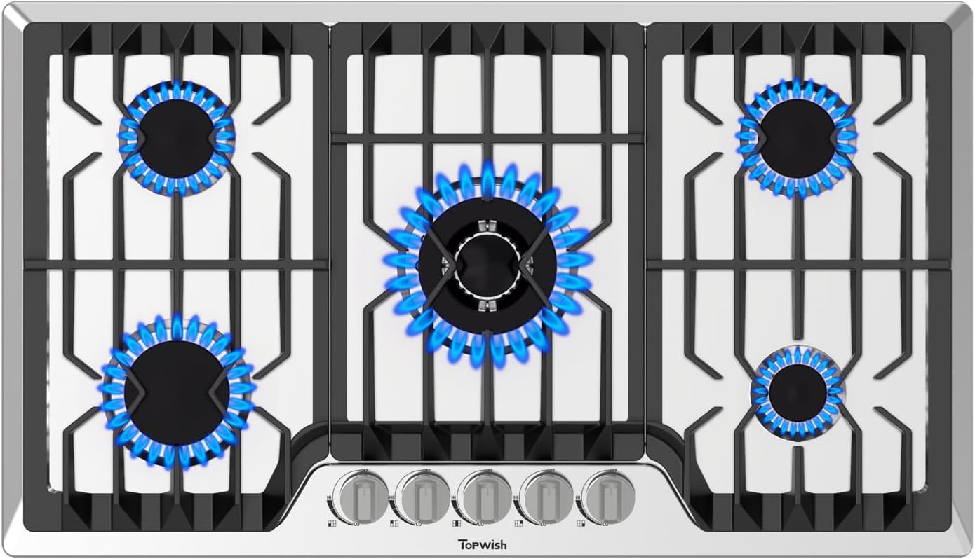 36 Inch Gas Cooktop, Propane Stove Top with 5 ITALY SABAF Sealed Burners 41,800BTU, NG/LPG Convertible Built-in Stainless Steel Stovetop with Thermocouple Protection for Rvs Kitchen Outdoor