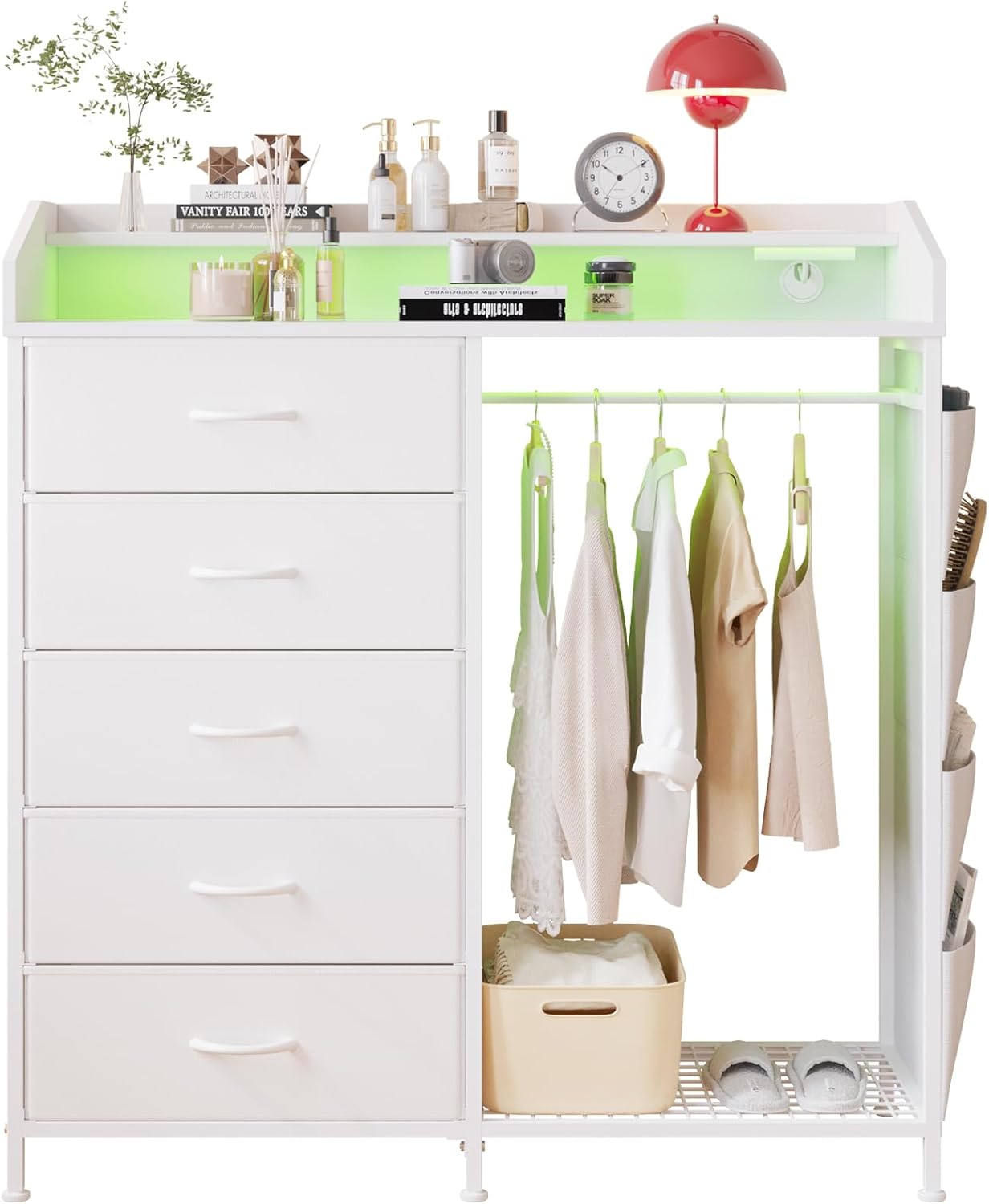 LUMTOK Modern 5 Dresser with LED Hanging Rack, Dresser with Clothes Rack, Hanger Rack, and Storage Drawers, Drawer Dressers with Coat Racks for Bedroom Living Room, Entryway, Closets (White) - Image 7