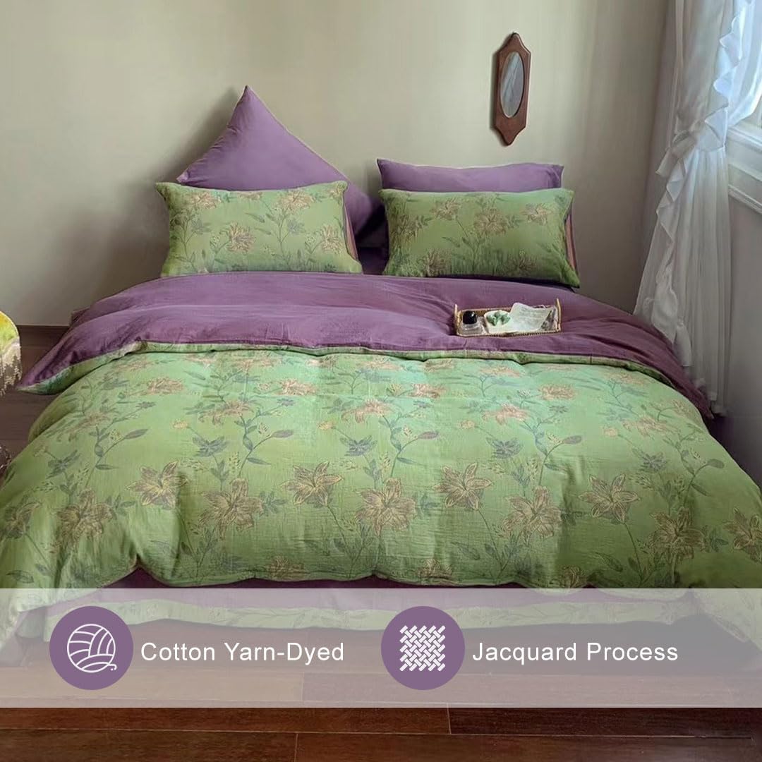 VM VOUGEMARKET Linen Cotton Jacquard Duvet Cover Queen,3 Pcs Yarn-Dyed Textured Duvet Cover Set Green Purple Floral Bedding Breathable, Natural Wrinkled Look-No Comforter - Image 4
