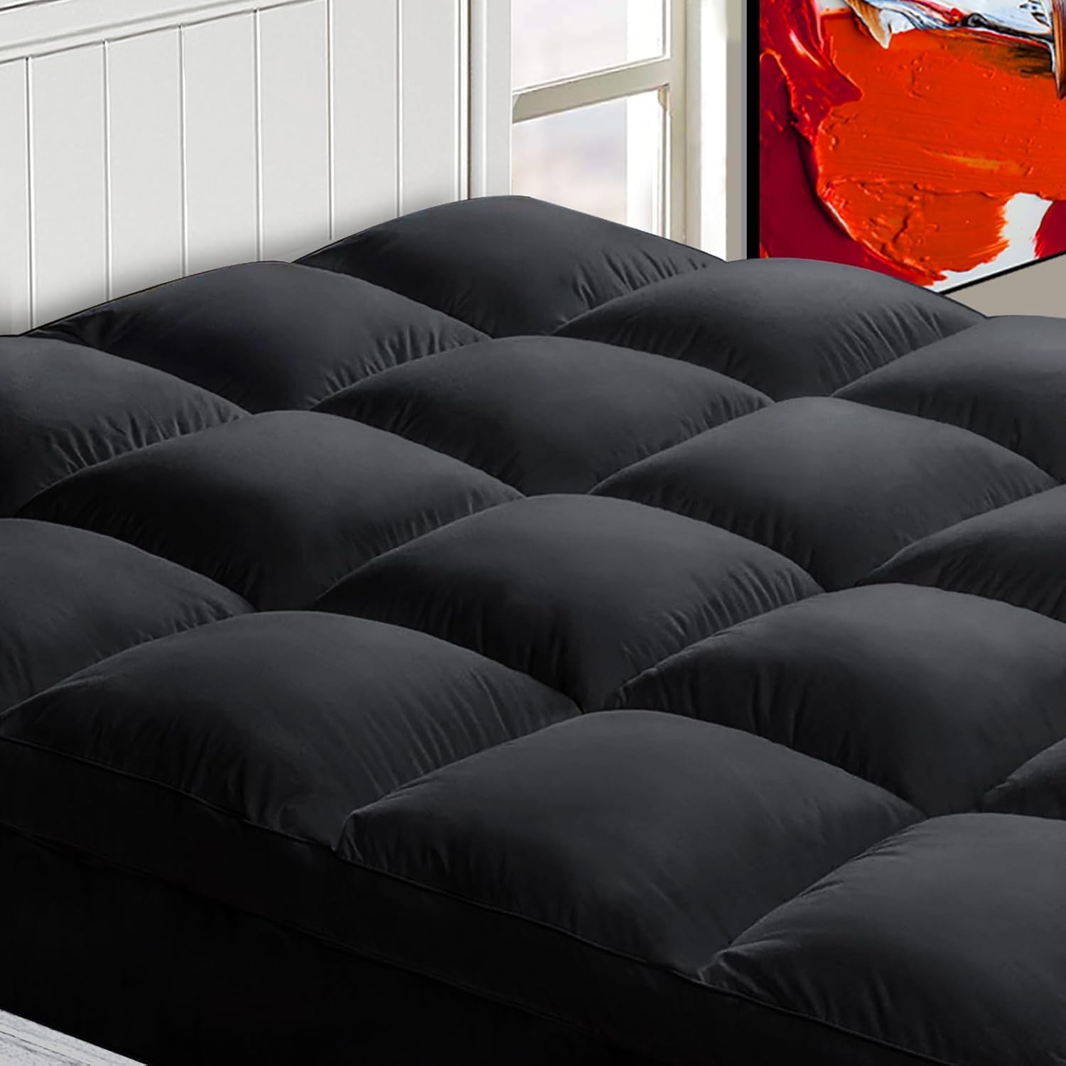 Mattress Topper Queen, Extra Thick Mattress Pad Cover, Plush Pillow Top, Deep Elastic Pocket, Black