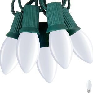 C7 Pure White LED Christmas Lights, 25Ft Vintage String Lights with 25+1 Plastic Bulbs, E12 Candelabra Base, Outdoor Retro Style Hanging Lights for Xmas Patio Fence Roofline Holiday Decorations