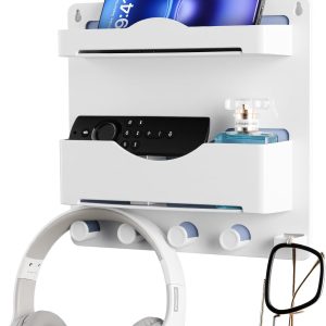JUMEIHUI Bedside Wall Shelf with Glasses Hooks ，Adhesive Bedside Organizer Wall Mount for Dorm and Room Accessories Phone，Remote，Earphone， Kindle (White)