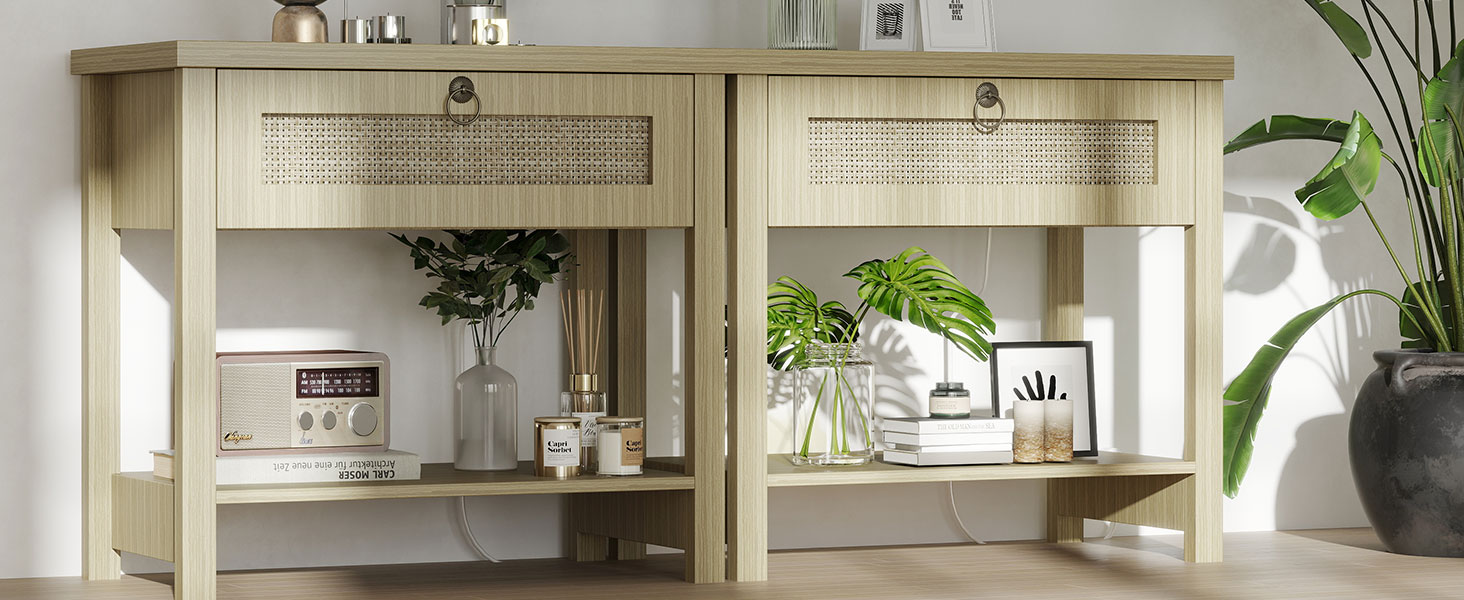 Large Rattan Bedside Table with Golden Handle