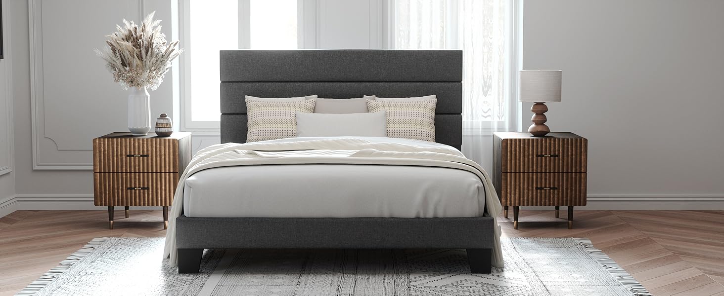 grey bed frame with upholstered headboard