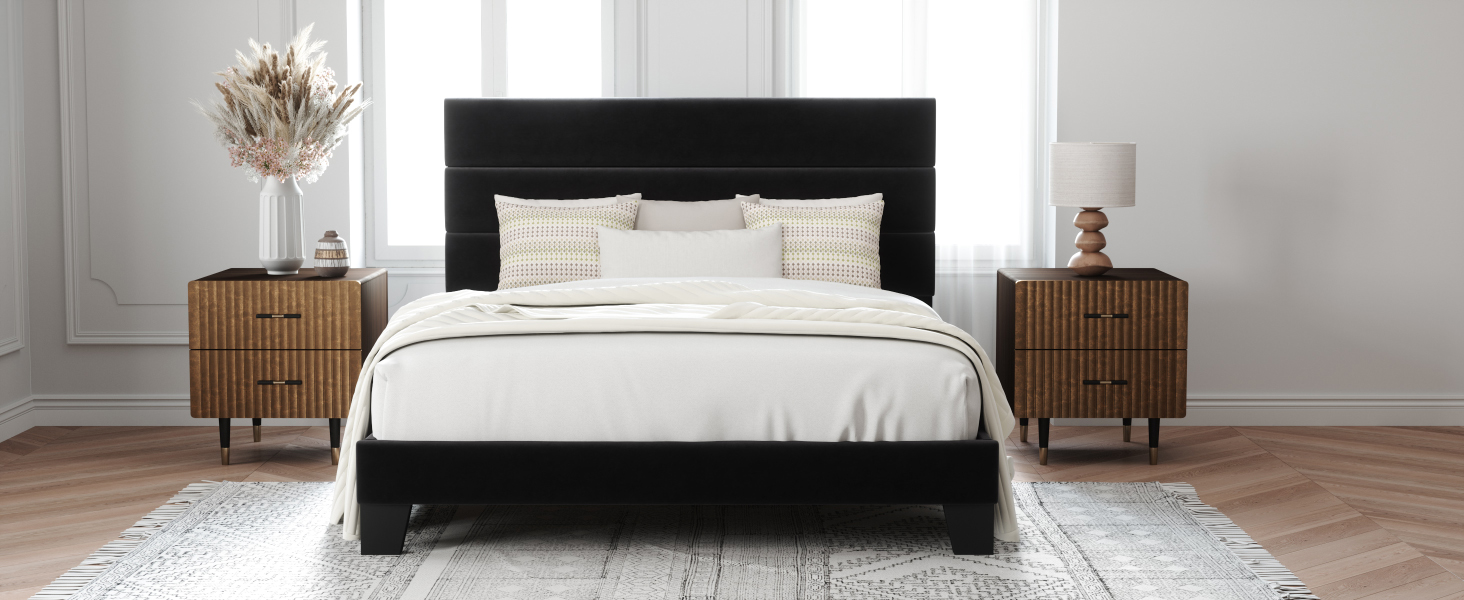 black bed frame with upholstered headboard
