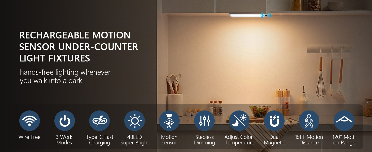 Rechargeable Motion Sensor Under-Counter Light Fixtures