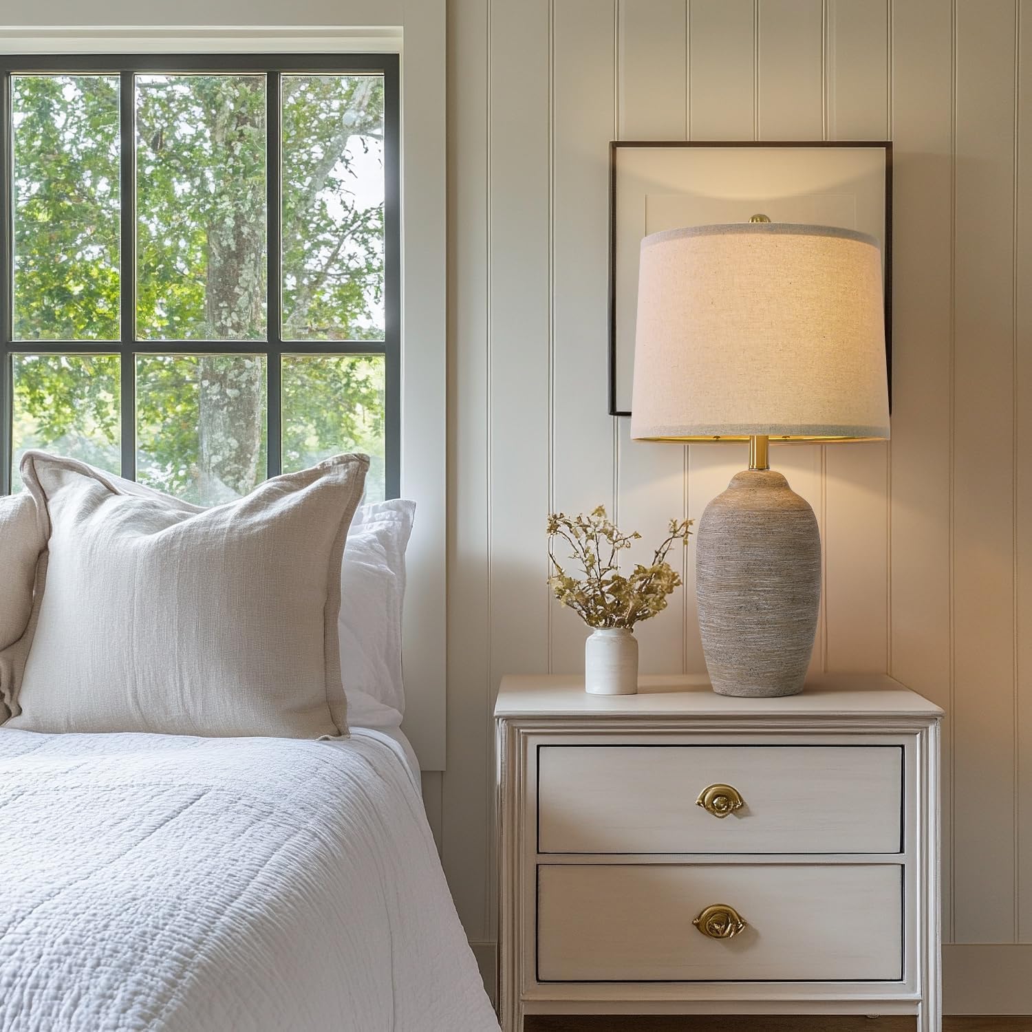 24.5" Handcrafted Ceramic Table Lamp - Single Farmhouse Vintage Rustic Bedside Lighting for Living Room, Bedroom, Entryway | Nightstand & End Table Decor with Linen Shade (Bulb Not Included) - Image 2