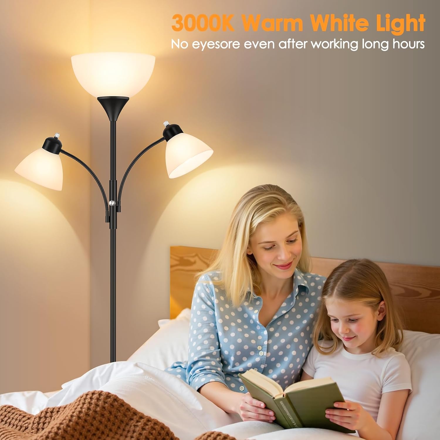 Floor Lamp for Living Room,72" Dimmable Torchiere Lamp with 2 Reading Lights for Bedroom, Black Tall Standing Room Lamp, 3 Bulbs Included - Image 3