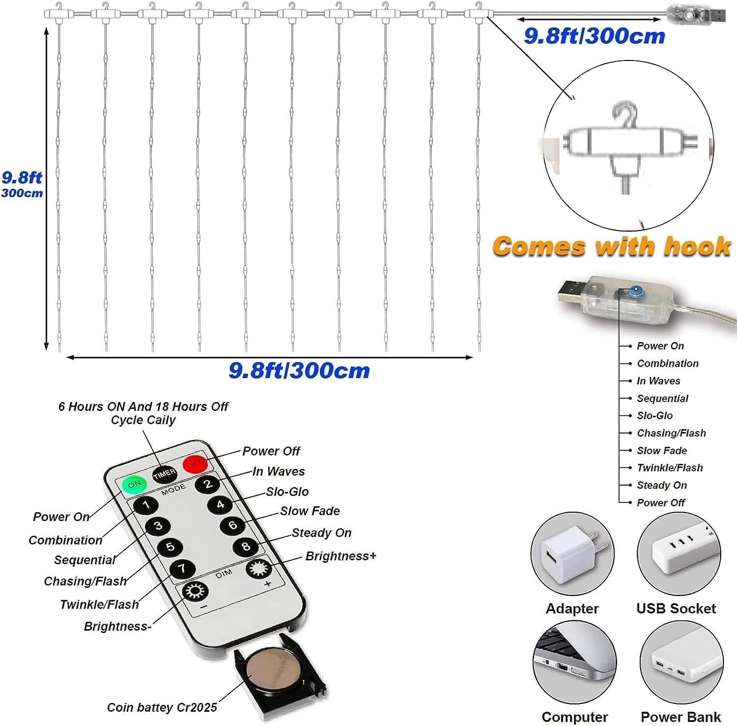 Honche 300Led Fairy Curtain String Lights 10x10ft with Remote Window Lights for Bedroom Wedding Party Festive Season Propose Christmas Decoration(Warm White) - Image 2