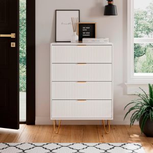 Masupu 4 Drawer Dresser, Drawer Chest, Tall Storage Chest Cabinet Organizer Unit with Metal Legs, Small Dresser for Bedroom, Living Room, Closet, Hallway White Stripe