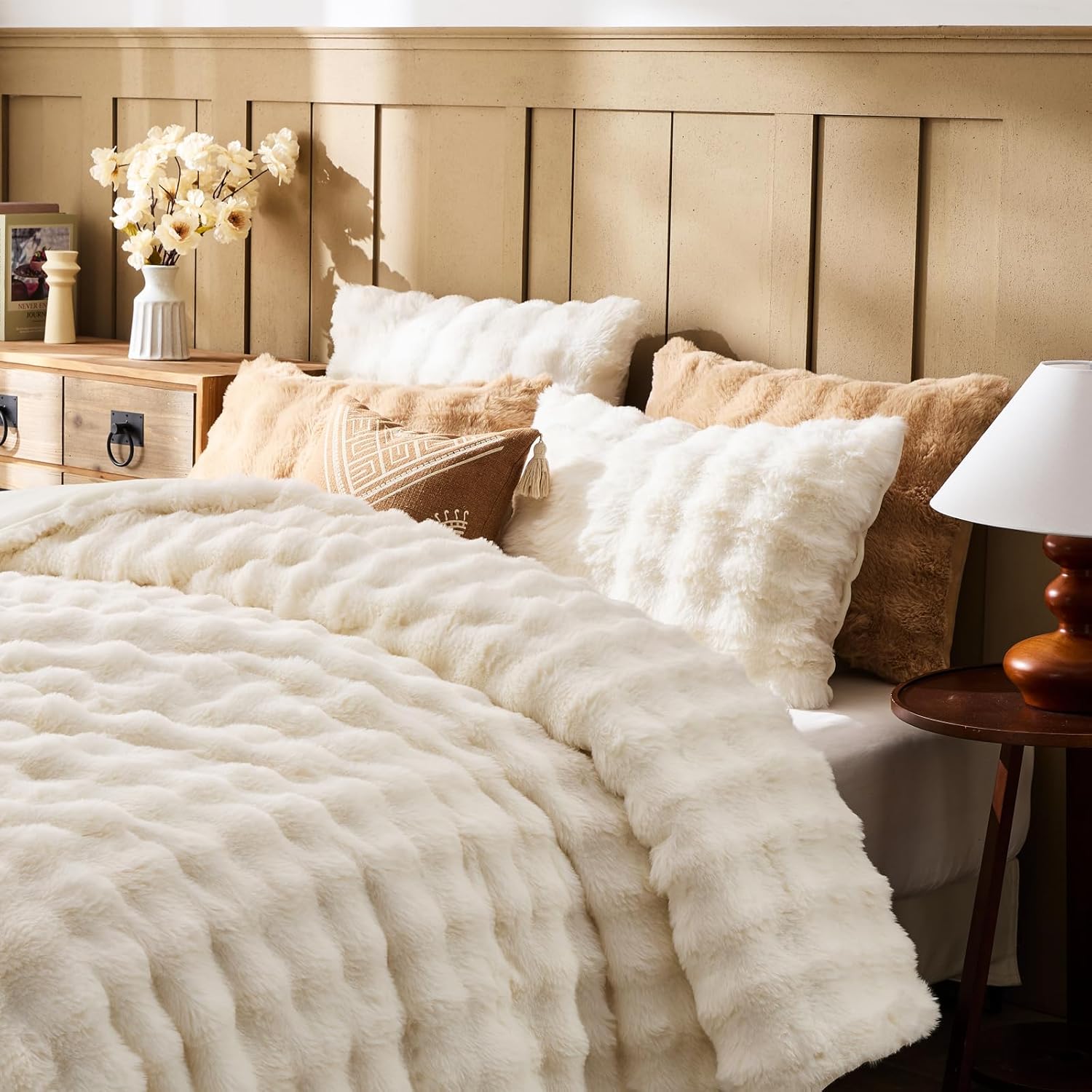 Lotus Karen Faux Fur Queen Comforter Set – Cream White Fluffy Comforter Queen Size, Big Bubble Faux Rabbit Fur Bedding Comforter Sets, Warm Cozy Fuzzy Bed Set 3 Pieces, 1 Comforter and 2 Pillowcases - Image 2