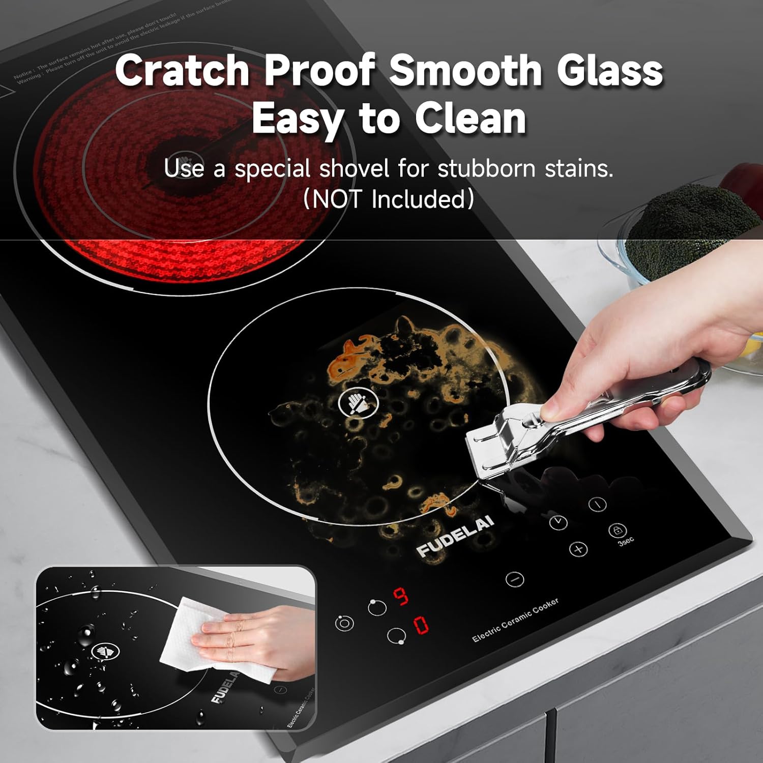 2 Burners Electric Cooktop, Portable Ceramic Cooktop with 9 Power Levels & Timer, 1800W 120V, Child Safety Lock, Built-in/Countertop Use, RV Camping, Safety Auto Shutoff, UL Certified Plug - Image 2