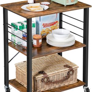 VASAGLE Kitchen Shelf on Wheels, Serving Cart with 3 Shelves, Kitchen Cart, Microwave Shelf, for Mini Oven, Toaster, with 6 Hooks, Industrial Style, Rustic Brown and Black UKKS60XV1