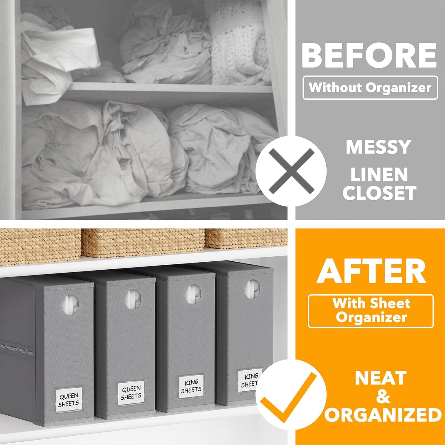 SpaceAid 4 Pack Bed Sheet Organizers and Storage, Foldable Organizer for Linen Closet, Sheets Set Folder Keeper with Window XL (Queen & King Size) Organizing Bedding Container, Gray 91ZDSN-SL01-G4 - Image 2