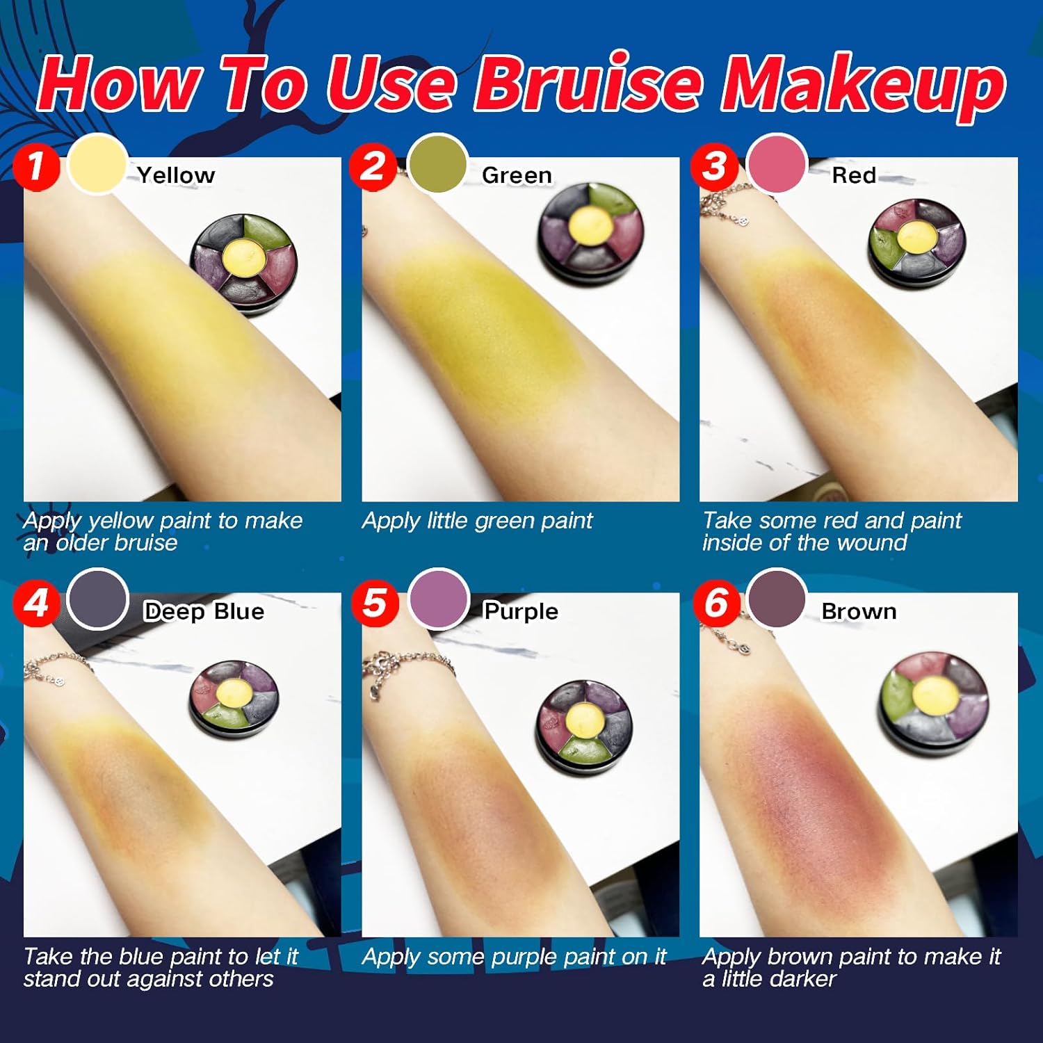 MEICOLY 6 Color Bruise Wheel for Special Effects,Hunting Camo Face Body Paint Kit,Light Green Gamora Witch Face Paint,Trauma SFX Makeup Kit Halloween Makeup with 3pcs Stipple Sponges,Monster and Alien - Image 5