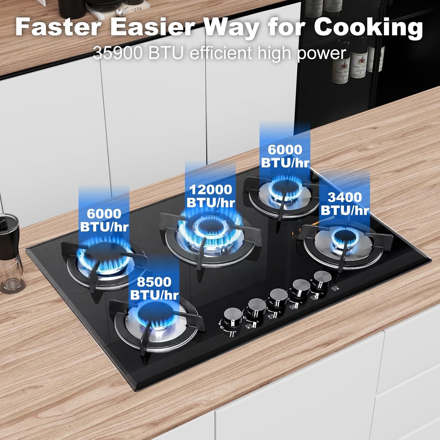 30 Inch Gas Cooktop with 5 Burners,Built-in Tempered Glass Stove Top, LPG/NG Convertible,35,900 BTU, Flame-Out Protection, Electric Ignition,Propane & Natural Gas Hob for Kitchen & RV - Image 2