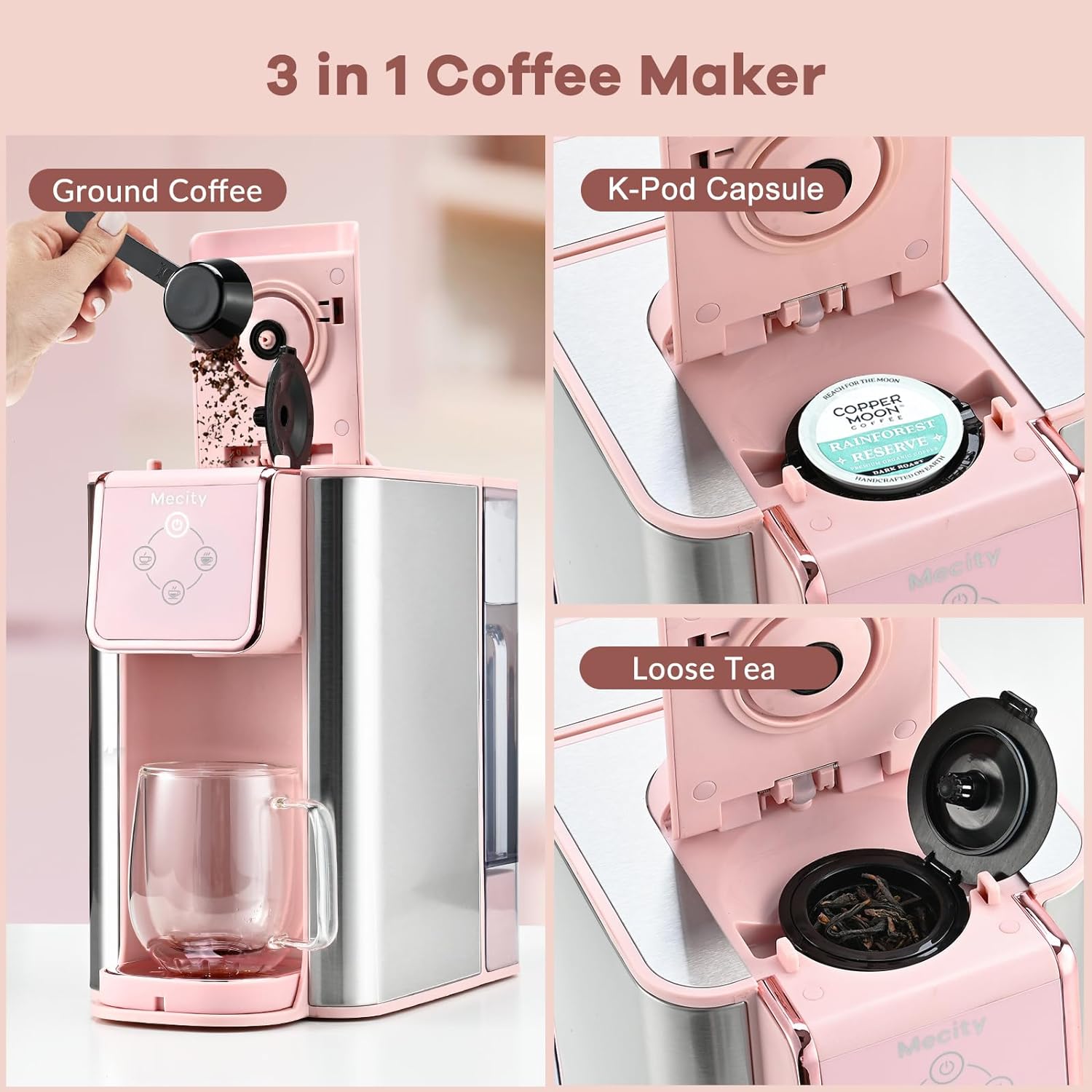 Mecity Pink Coffee Maker 3-in-1 Single Serve Coffee Machine, For Flat Bottom Coffee Capsule, Ground Coffee, 6 to 10 Ounce Cup, Removable 50 Oz Water Reservoir, 120V 1150W - Image 3