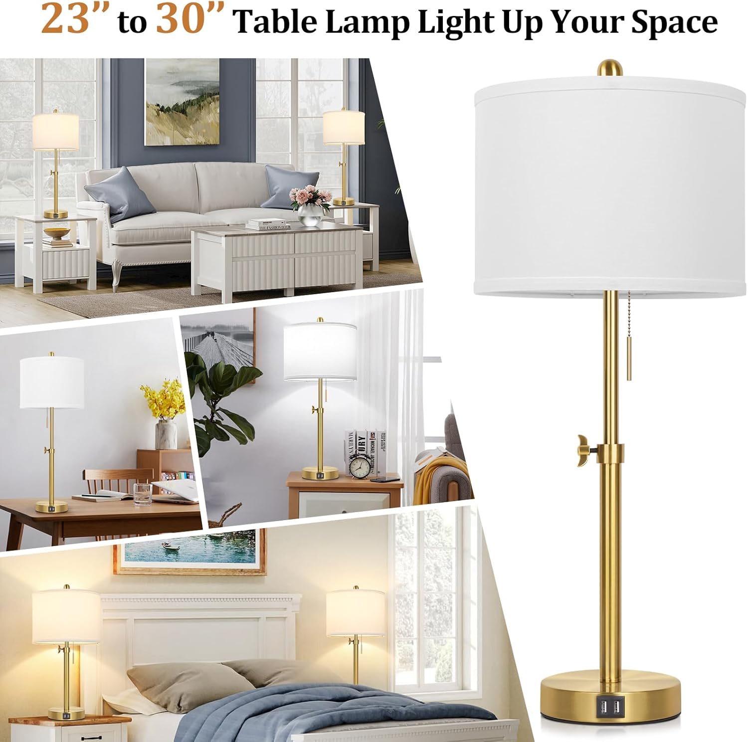 Table Lamp Set of 2, Bedside Lamp with 2 USB Ports, Gold Tall Table Lamp for Living Room End Tables, 23" to 30" Height Adjustable Lamp for Bedroom, Farmhouse Table Lamps with Pull Chain, E26 - Image 6