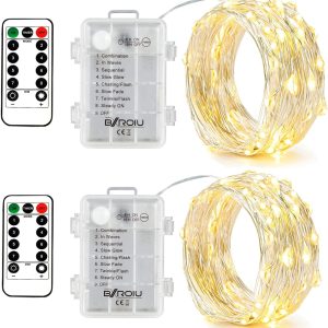 2 x Fairy Lights Battery Operated,Silver Wire Chains 8 Mode 16Ft/5Meter 50 LEDs Timer String Lights with Remote Control for Bedroom Christmas Party Wedding Decoration(Warm White)