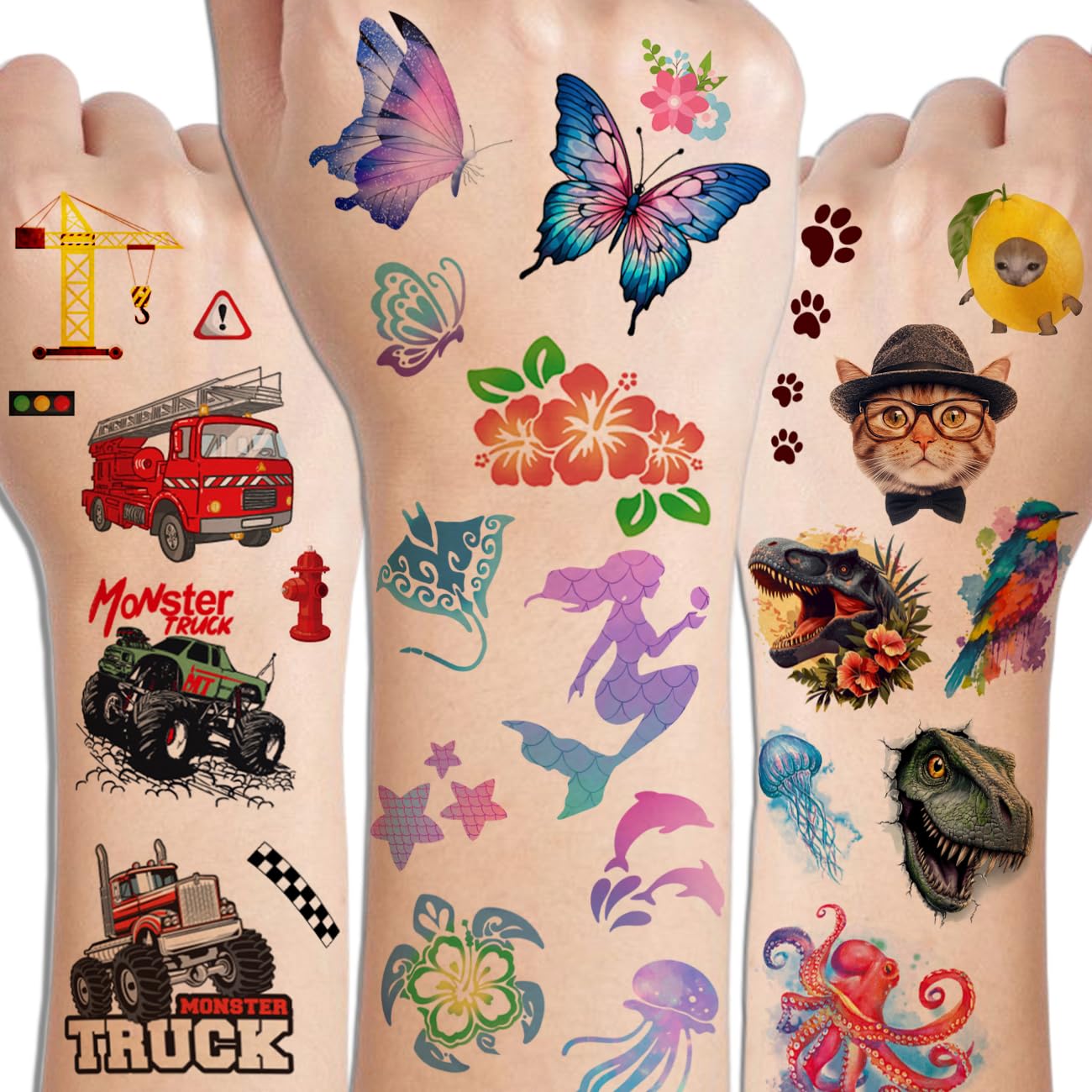 Temporary Tattoos for Kids - 320 Mixed Styles (36 Sheets) Tattoo Stickers Set for Boys and Girls, Car Dinosaur Hawaii Mermaid Watercolor Animals Tattoos for Kids Birthday Party Supplies - Image 3