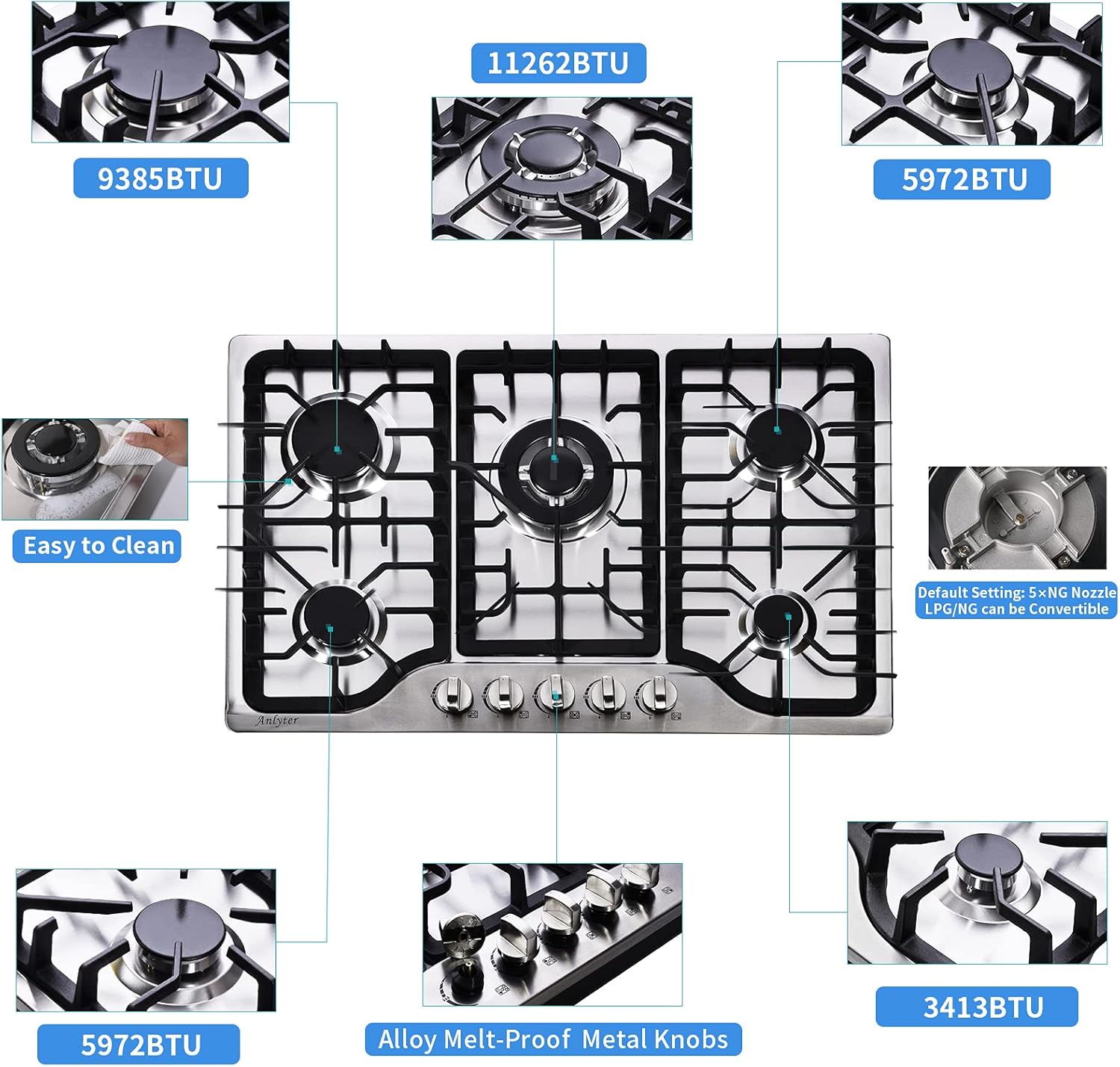 30 Inch Gas Cooktop, 5 Burners Built-in Gas Stovetop Stainless Steel LPG/NG Gas Stove Dual Fuel Sealed Gas Hob with Wok Stand and Pressure Regulator - Image 3