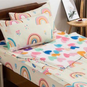 NTBED Rainbow Printed Zipper Bedding Sets Twin Lightweight Microfiber Heart Comforter Set with Fitted Sheet Pillow Covers,Beige