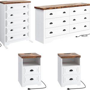 LIKIMIO Farmhouse Bedroom Set, Power Strip, 4 Pieces Bedroom Furniture Set, 5 Drawer Dresser & 6 Drawer Dresser and 2 Nightstands, Chest of Drawers Wide Storage Cabinet for Bedroom, White