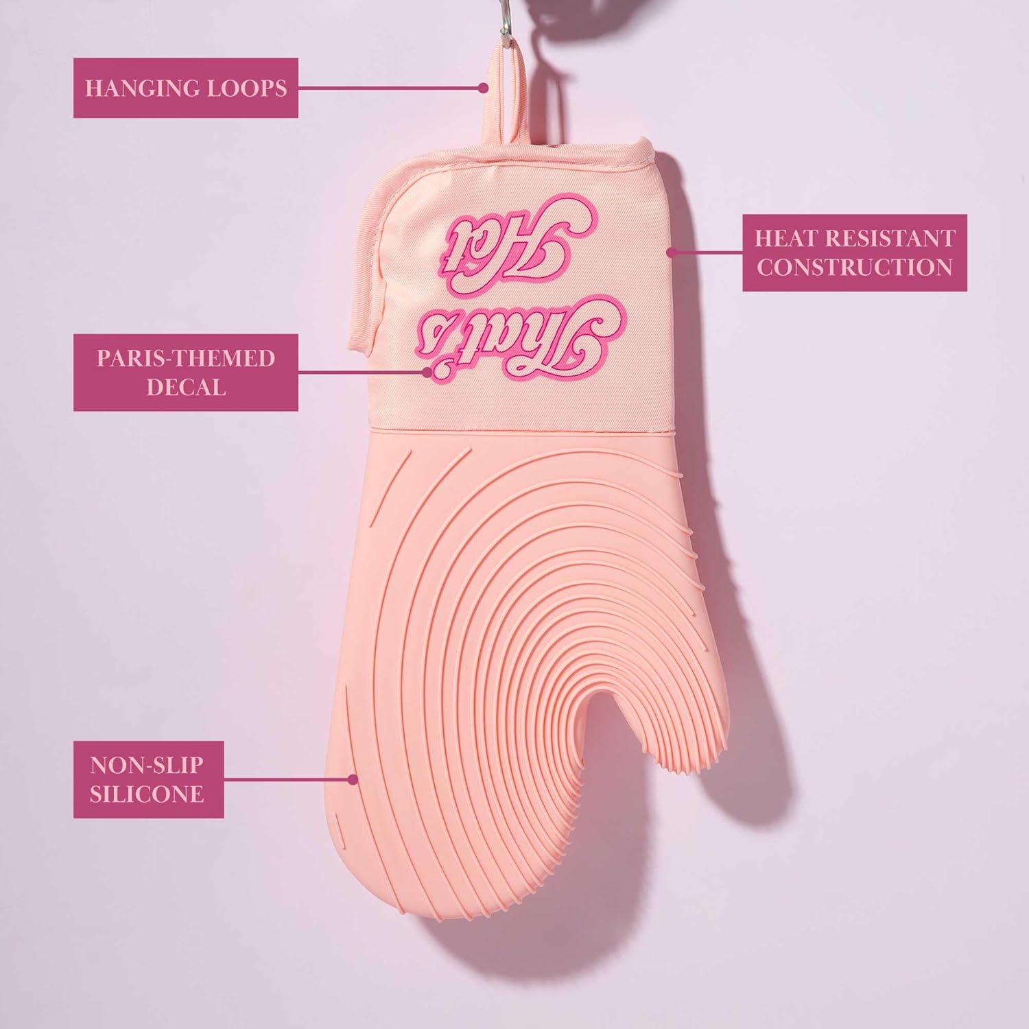 Paris Hilton Oven Mitt Set with Iconic That's HOT Design, Heat Resistant Pot Holders Featuring Non-Slip Textured Silicone Grips, 2-Piece Set, Pink - Image 6