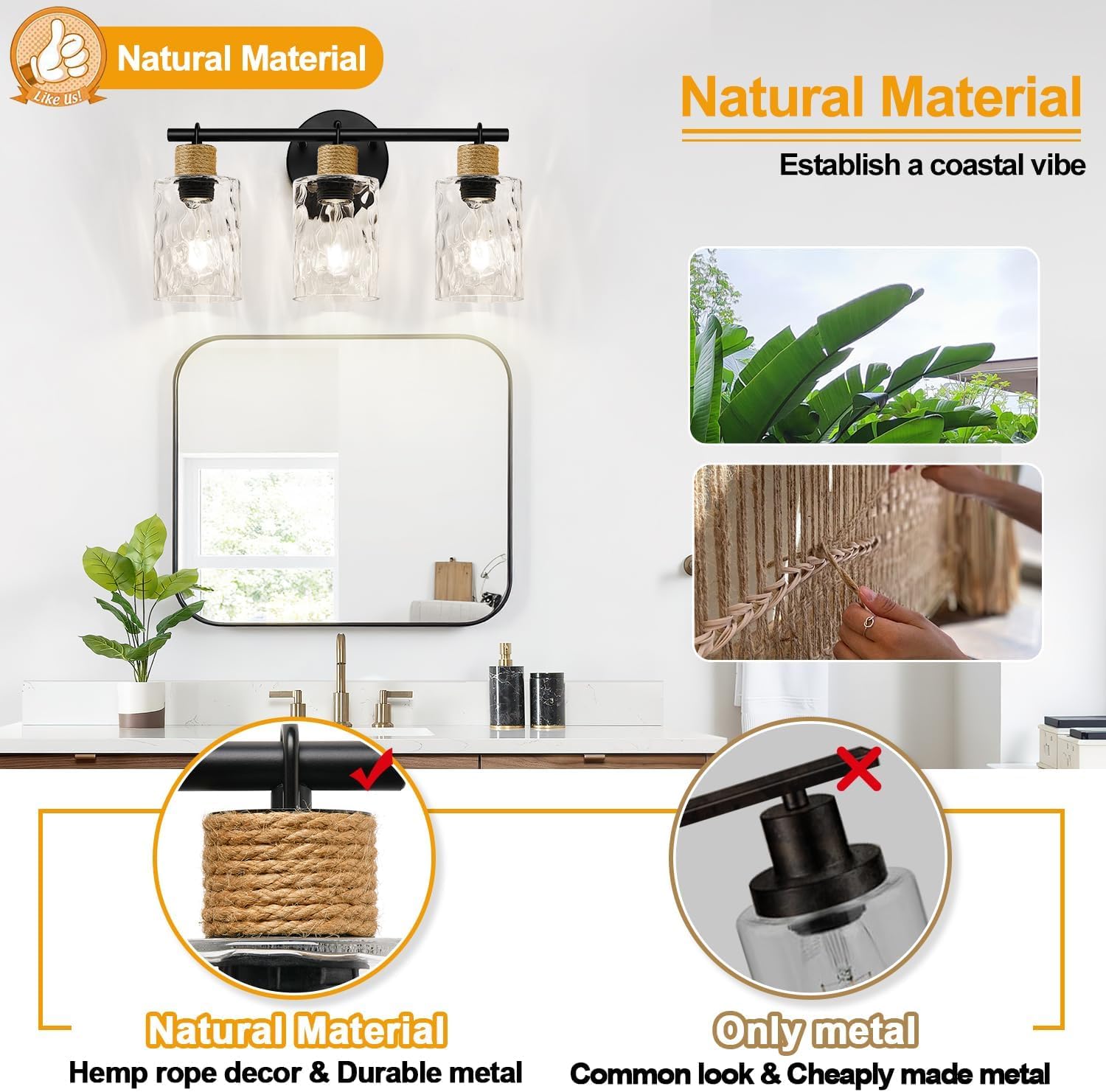 Coastal Bathroom Light Fixtures, Vanity Lights with Hammered Glass and Hemp Rope, 3-Light Matte Black Bathroom Wall Lamp for Mirror Hallway Cabinet - Image 3