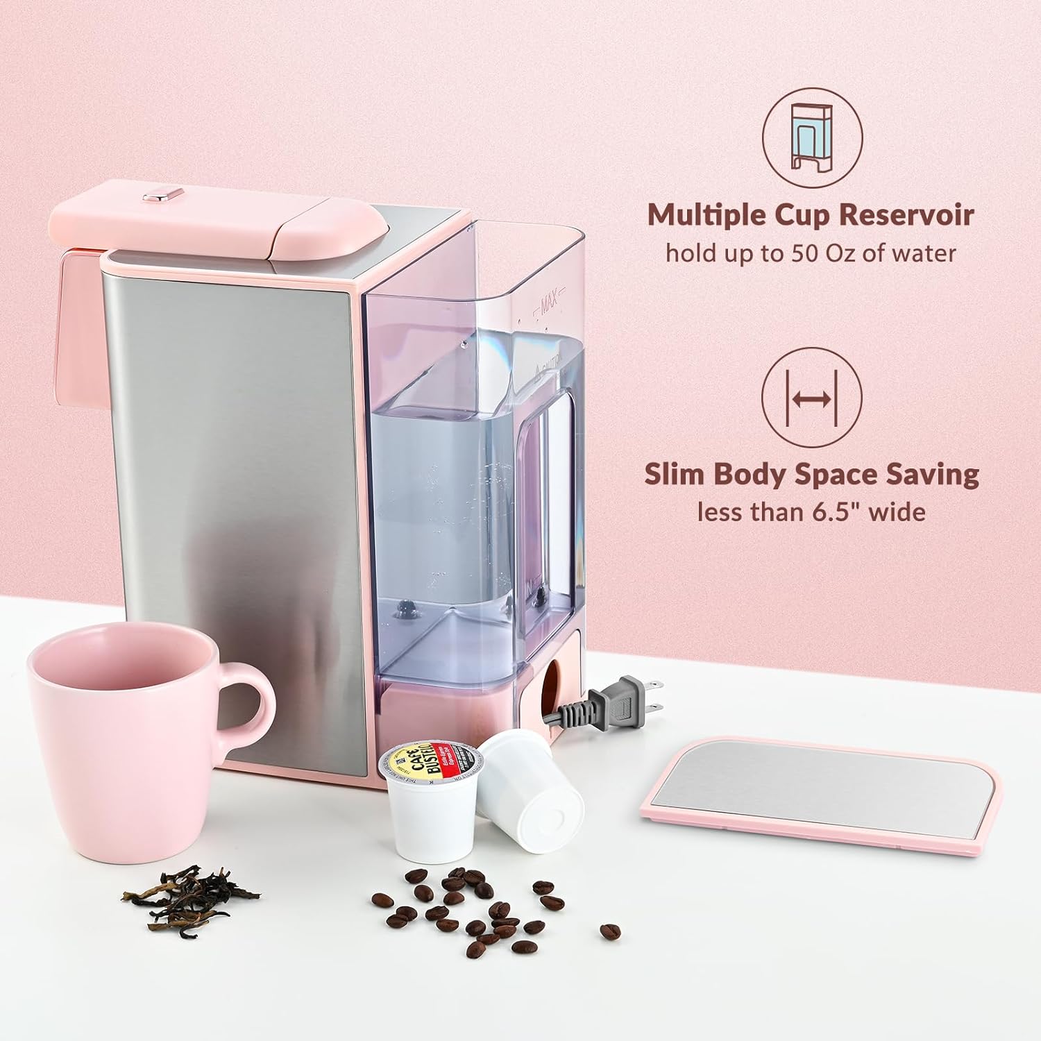 Mecity Pink Coffee Maker 3-in-1 Single Serve Coffee Machine, For Flat Bottom Coffee Capsule, Ground Coffee, 6 to 10 Ounce Cup, Removable 50 Oz Water Reservoir, 120V 1150W - Image 6