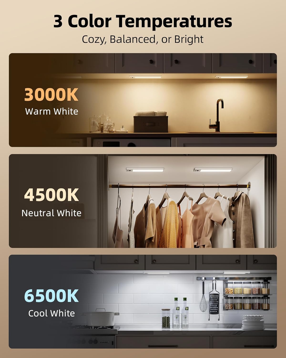 EZVALO 5 Pack Under Cabinet Lighting, 3200mAh Rechargeable Motion Sensor Light, 12inch Magnetic Closet Lights with Dimmable & 3 Color Temps, Wireless Motion Activated Lights with Remote for Kitchen - Image 6