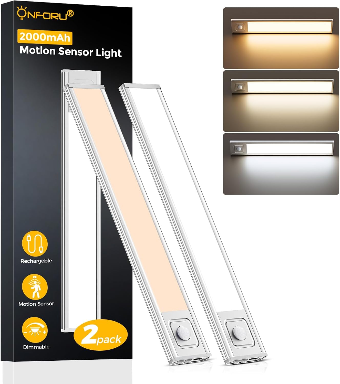 Onforu 9.8″ Under Cabinet Lighting, 2000mAh USB-C Rechargeable, Motion Sensor Under Cabinet Lights with 3 Color & Dimmable, Magnetic Under Counter Lights for Kitchen, Closet, 2 Pack