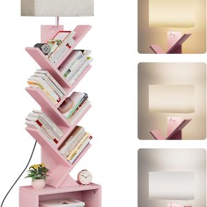 Evermagin 6 Tier Tree Bookshelf with Light, Narrow Bookcase Tower, Tall Floor Standing Book Shelf Organizer with Storage Cabinet for Living Room, Bedroom and Home Office, Pink