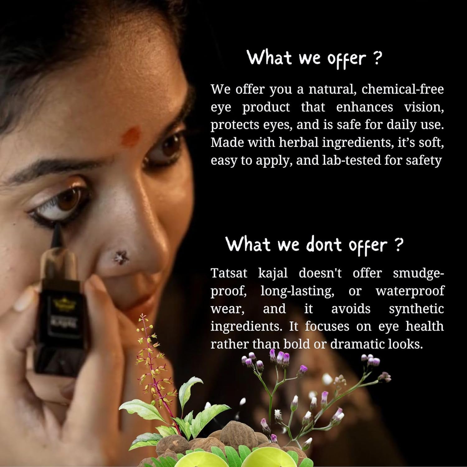 TATSAT - WELLNESS THROUGH AYURVEDA Kajal With Pure Herbs, Medicated Soot And Desi Cow Ghee|Safe For Babies|Lab Tested|No Preservatives, Black, Matte Finish (1 Count (Pack of 1)) - Image 4