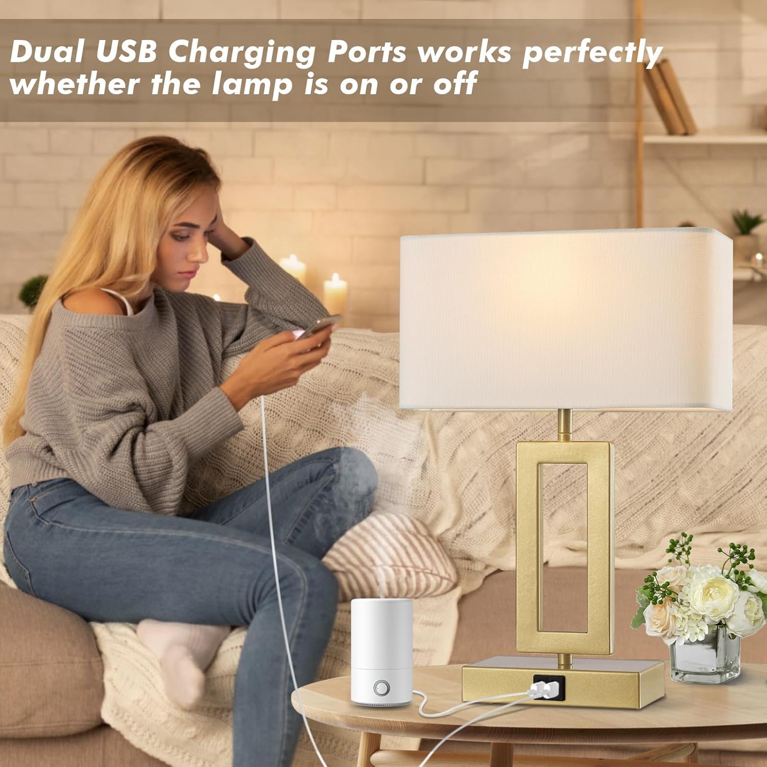Gold Table Lamps Set of 2 with Dual USB Ports,3-Way Dimmable Touch Control Bedside Lamps,Modern Bedroom Table Lamp for Living Room,Nightstand LED Bulbs Included - Image 3